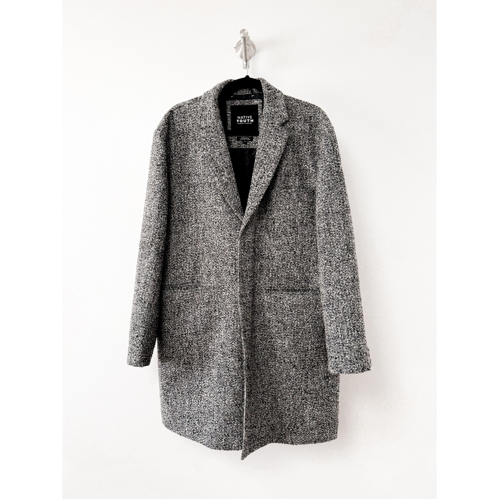 NATIVE YOUTH Men's Herringbone Tweed Wool Blend Overcoat Blazer‎ Style Gray XL